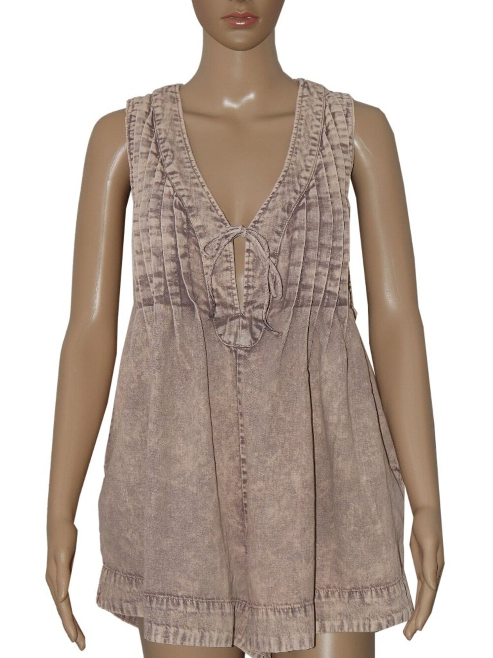 Free People Webster Romper Pleated V Neck Tie Sleeveless Tan S